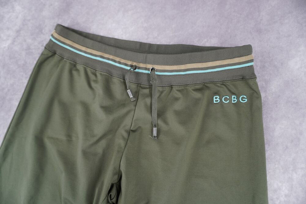 BCBG MaxAzria Women's Y2K Olive Green Track Pants Large Striped Waist